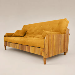 Sofá Cama Casal Futon D33 Paris II Ripado Madeira Maciça Mel - Tecido Acquablock Cor Amarelo