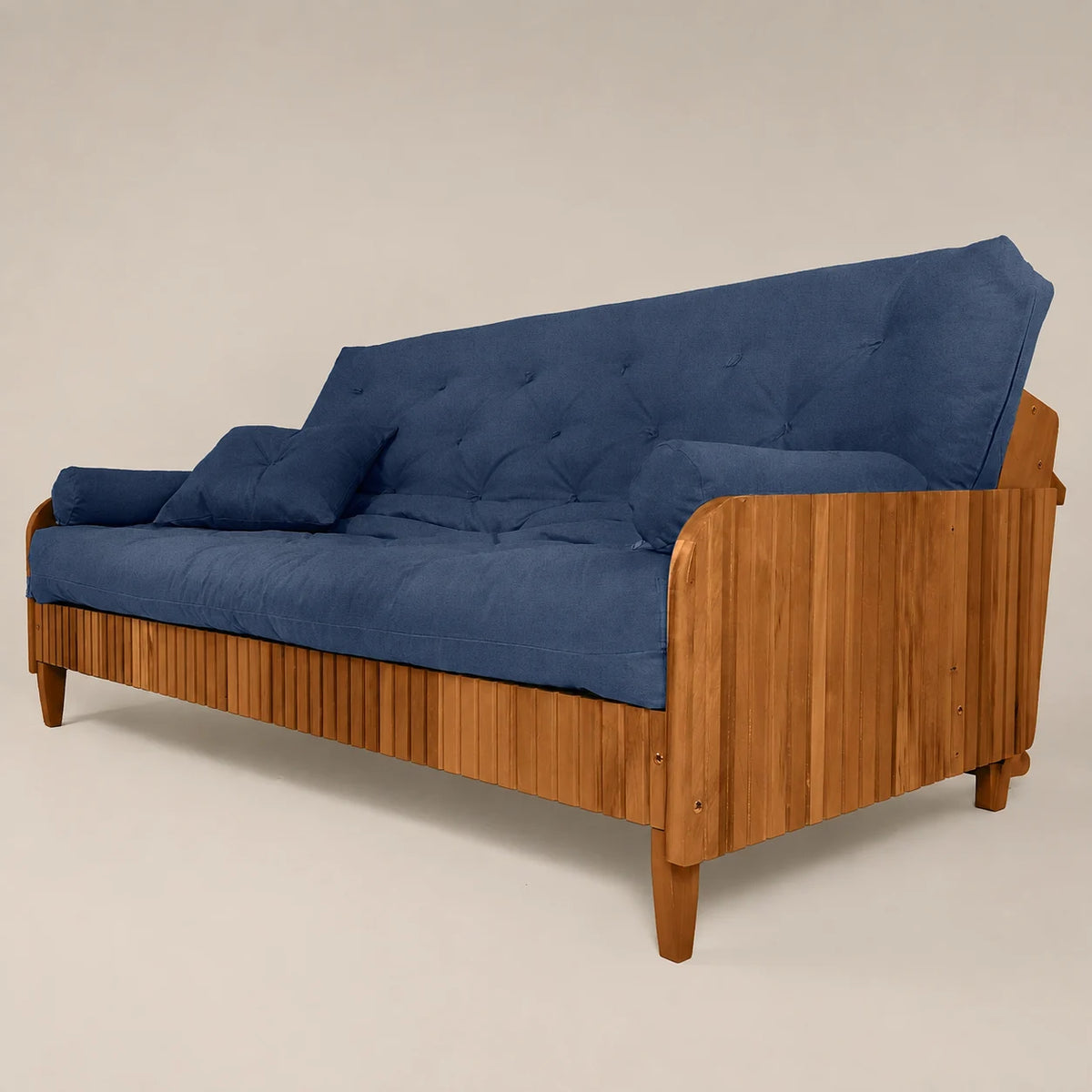 Sofá Cama Casal Futon D33 Paris II Ripado Acquablock Madeira Maciça Mel - Cor Azul Royal