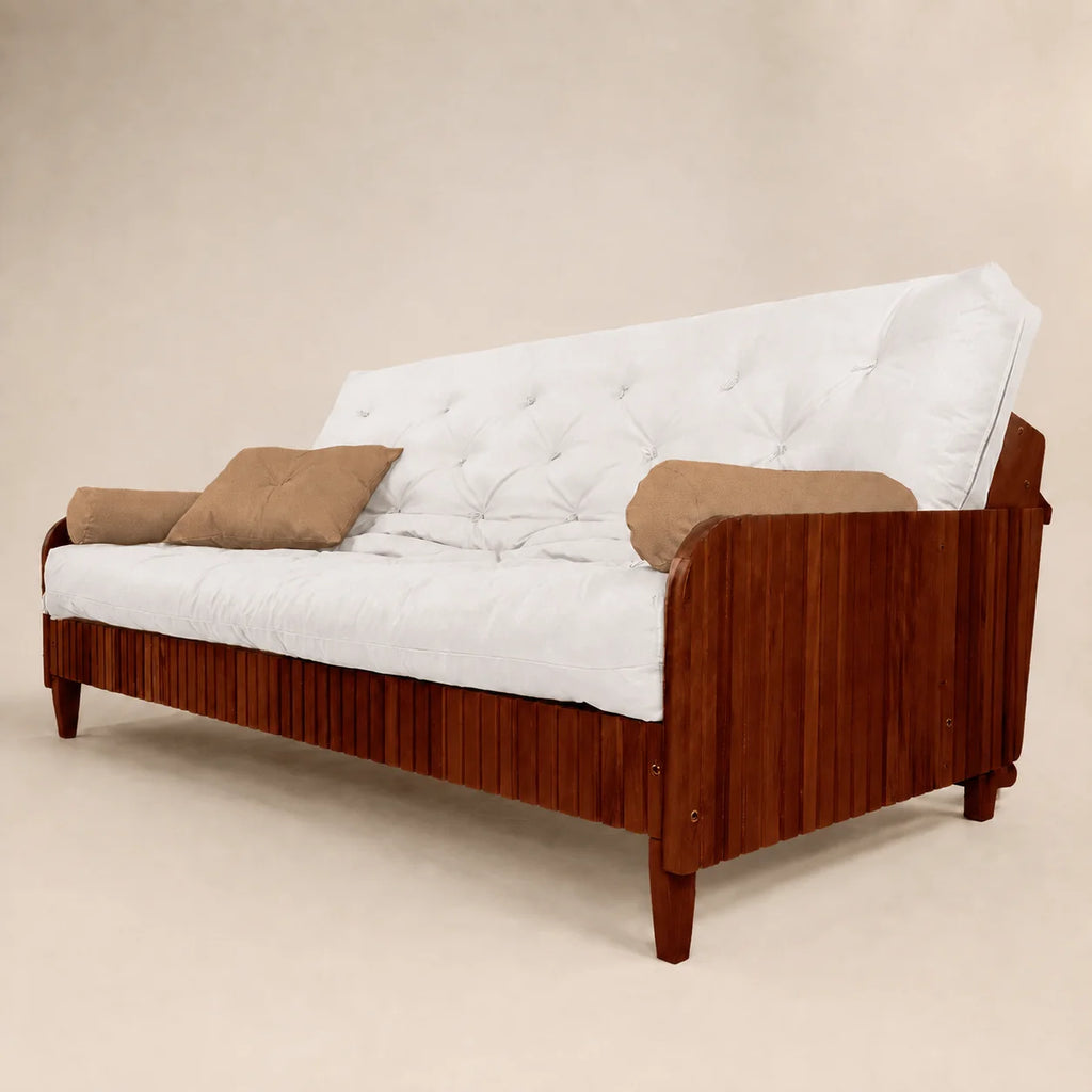 Sof� Cama Casal Futon D33 Paris II Ripado Acquablock Madeira Maci�a  Imbuia- Cor Branco Off
