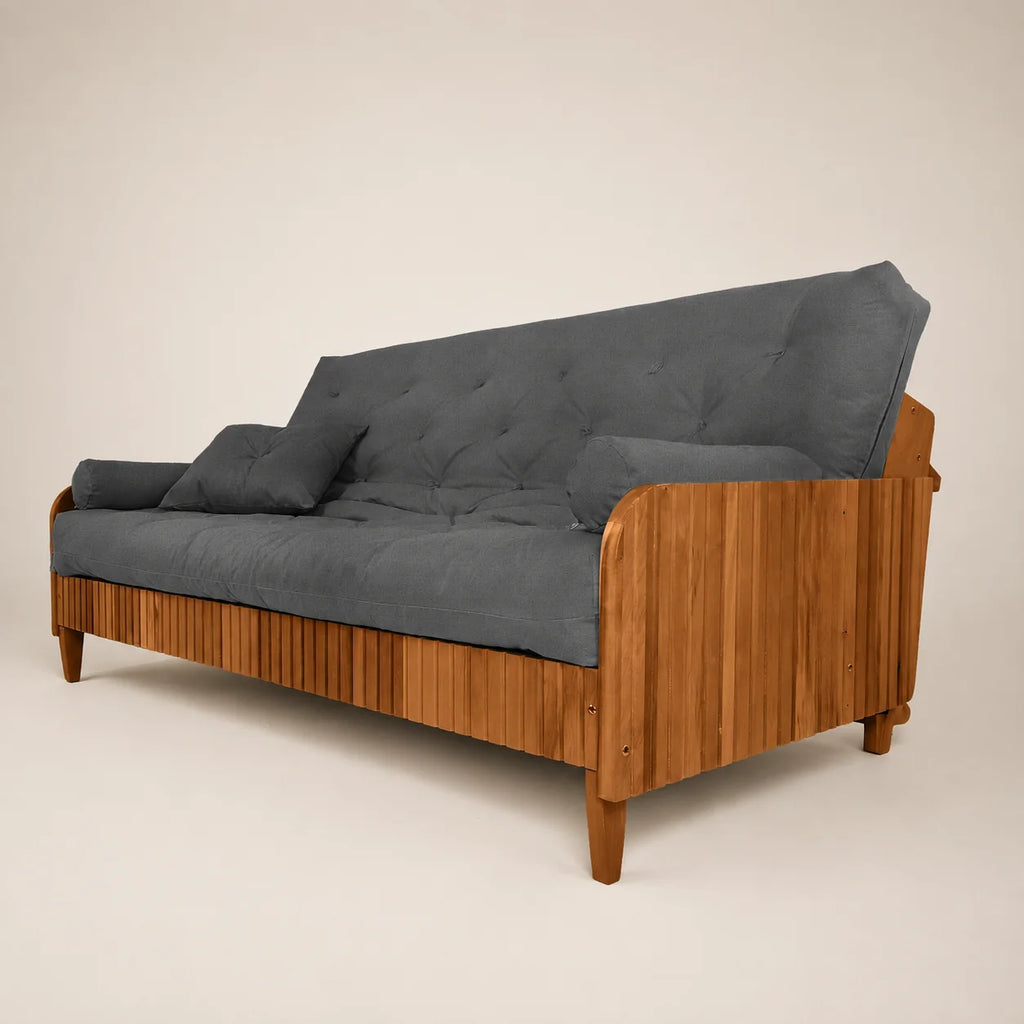 Sof� Cama Casal Futon D33 Paris II Ripado Acquablock Madeira Maci�a Mel - Cor Chumbo