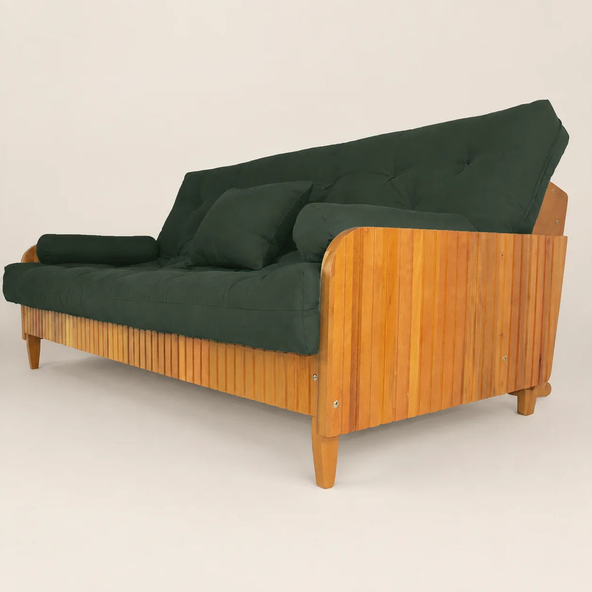 Sofá Cama Casal Futon D33 Paris II Ripado Sarja em Madeira Maciça Mel - Cor Verde Militar