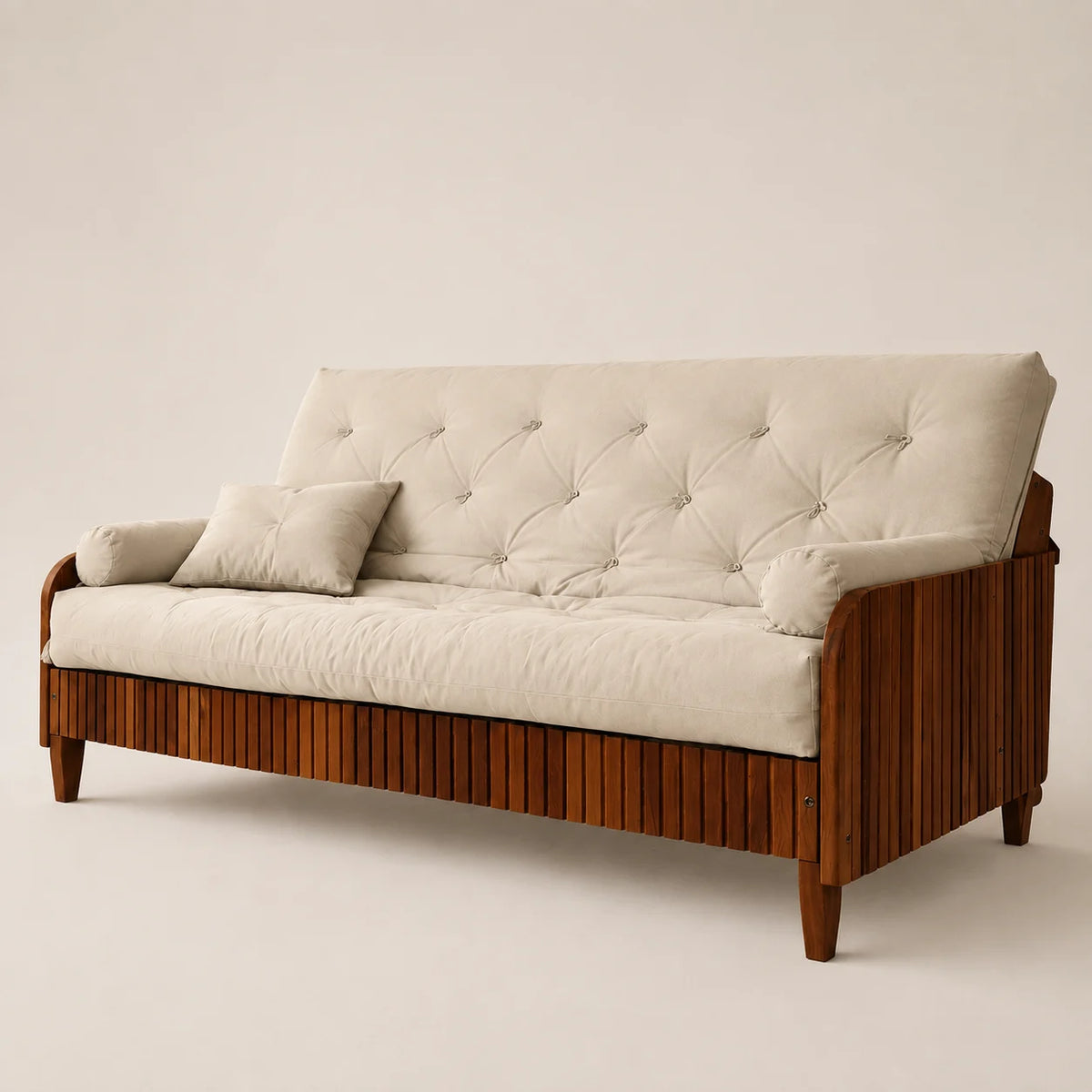 Sof� Cama Casal Futon Paris II Ripado Sarja em Madeira Maci�a Imbuia - Cor Bege Claro