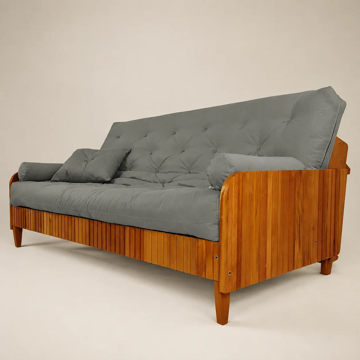 Sof� Cama Casal Futon Paris II Ripado Sarja em Madeira Maci�a Mel - Cor Cinza