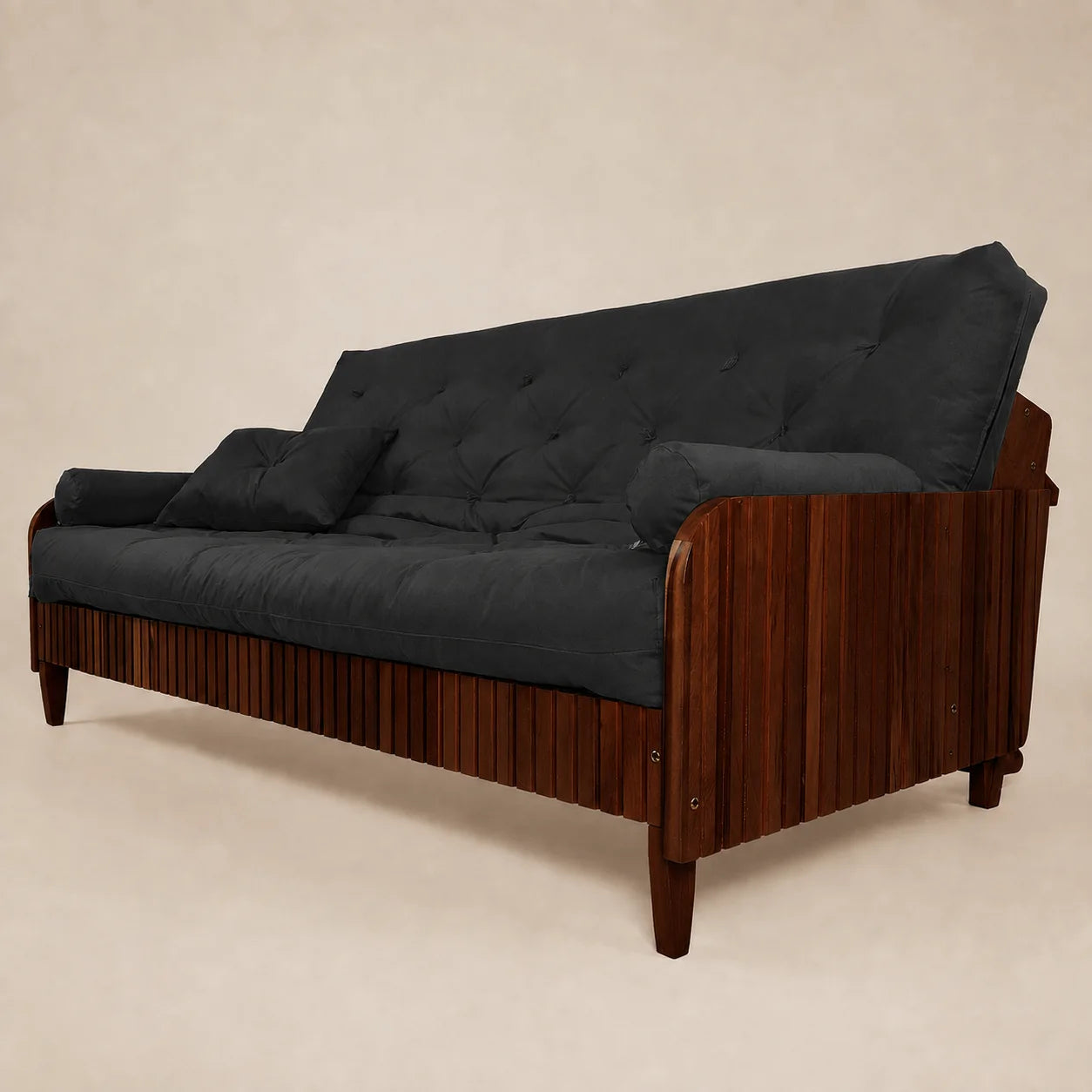 Sof� Cama Casal Futon Paris II Ripado Sarja em Madeira Maci�a Imbuia - Cor Preto
