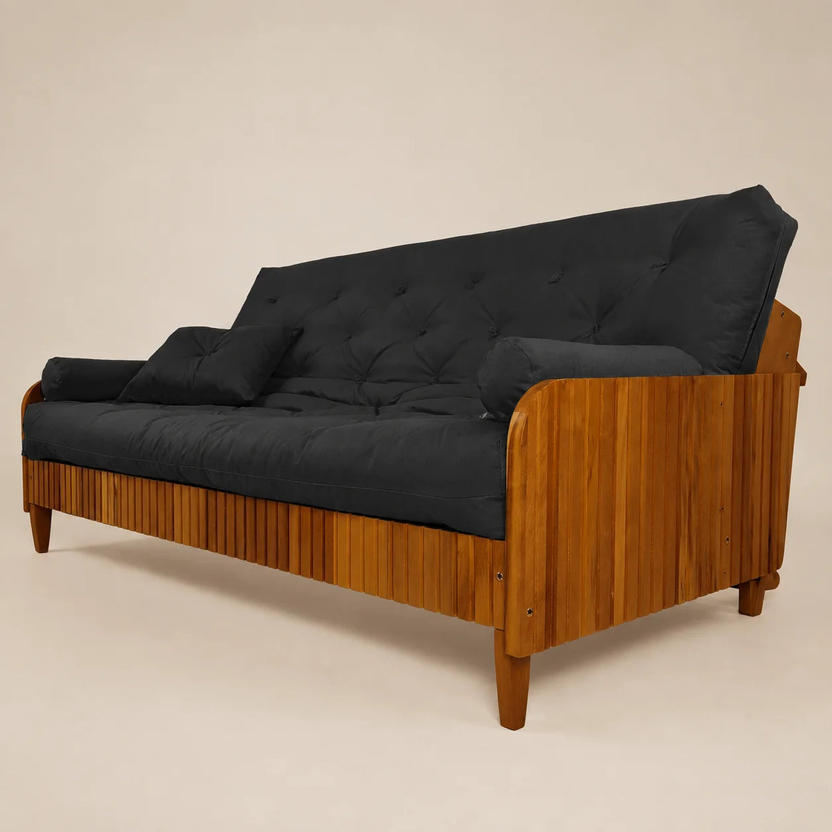 Sof� Cama Casal Futon Paris II Ripado Sarja em Madeira Maci�a Mel - Cor Preto