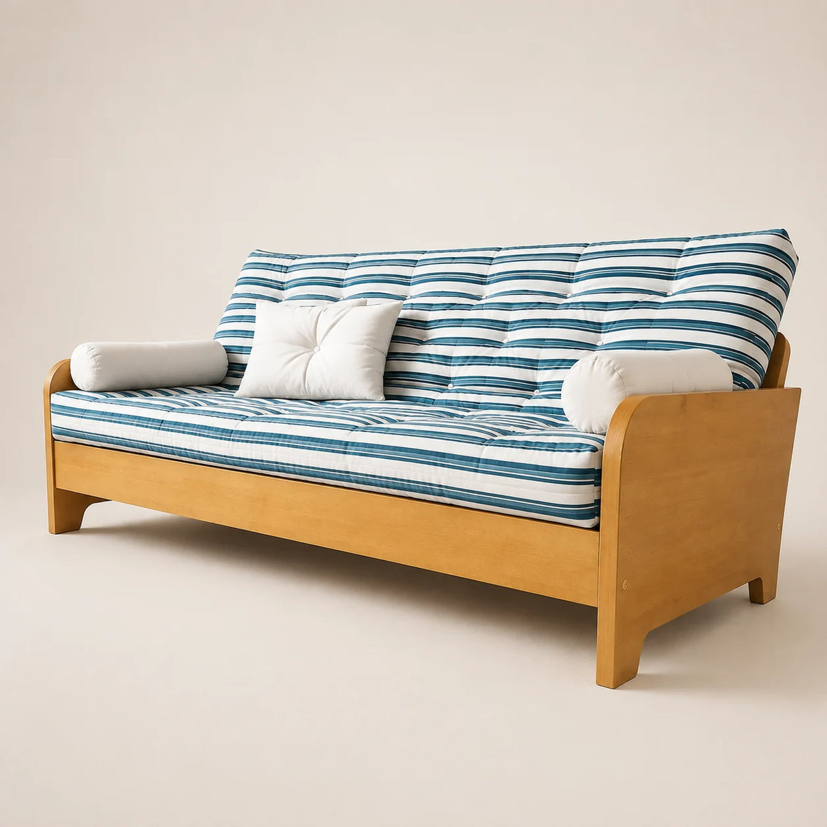 Sof� Cama Casal Futon Paris New Acquablock em Madeira Nobre Mel - Cor Listrado Azul