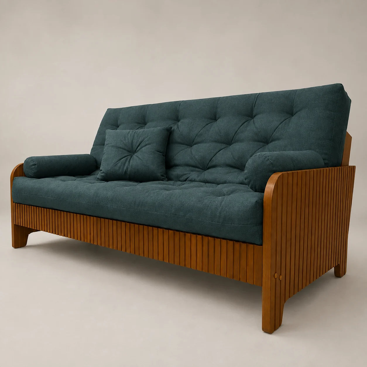 Sof� Cama Casal Futon Paris New II Ripado Acquablock em Madeira Maci�a Mel - Cor Verde Oliva