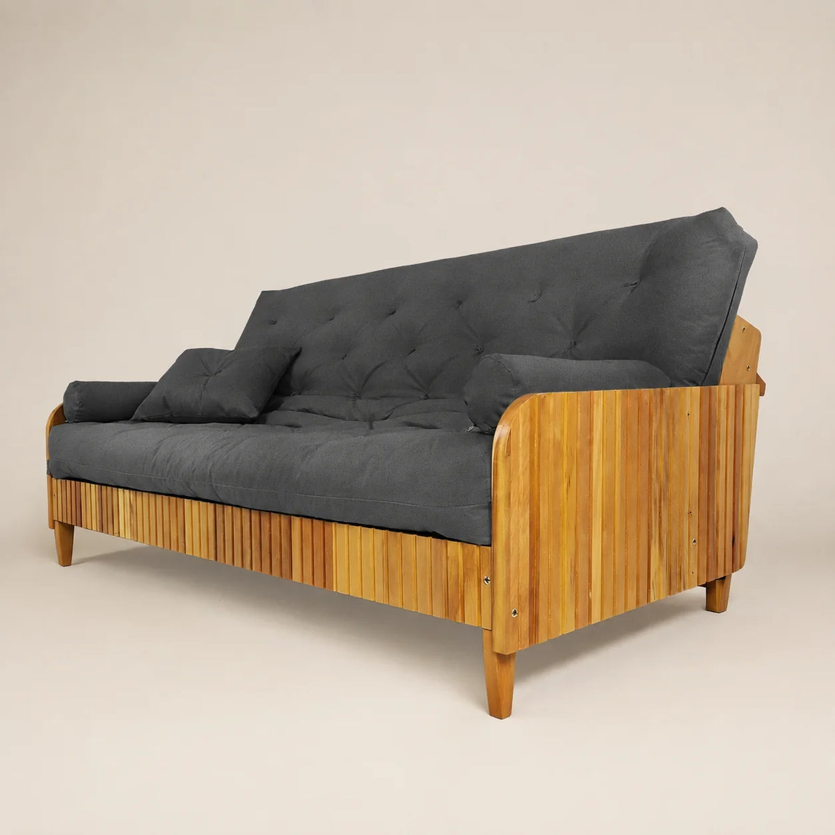 Sofá De Madeira Nobre Ripado Mel Futon Paris - Tecido Acquablock Chumbo
