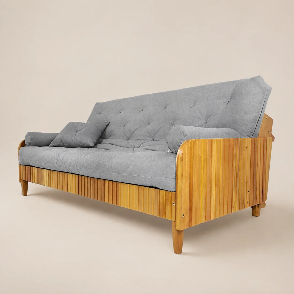 Sof� De Madeira Nobre Ripado Mel Futon Paris - Tecido Acquablock Cor Cinza Linho