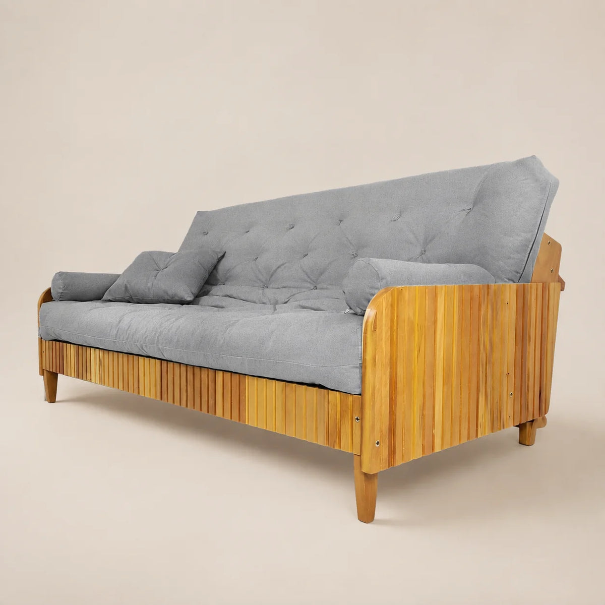Sofá De Madeira Nobre Ripado Mel Futon Paris - Tecido Acquablock Cor Cinza Linho