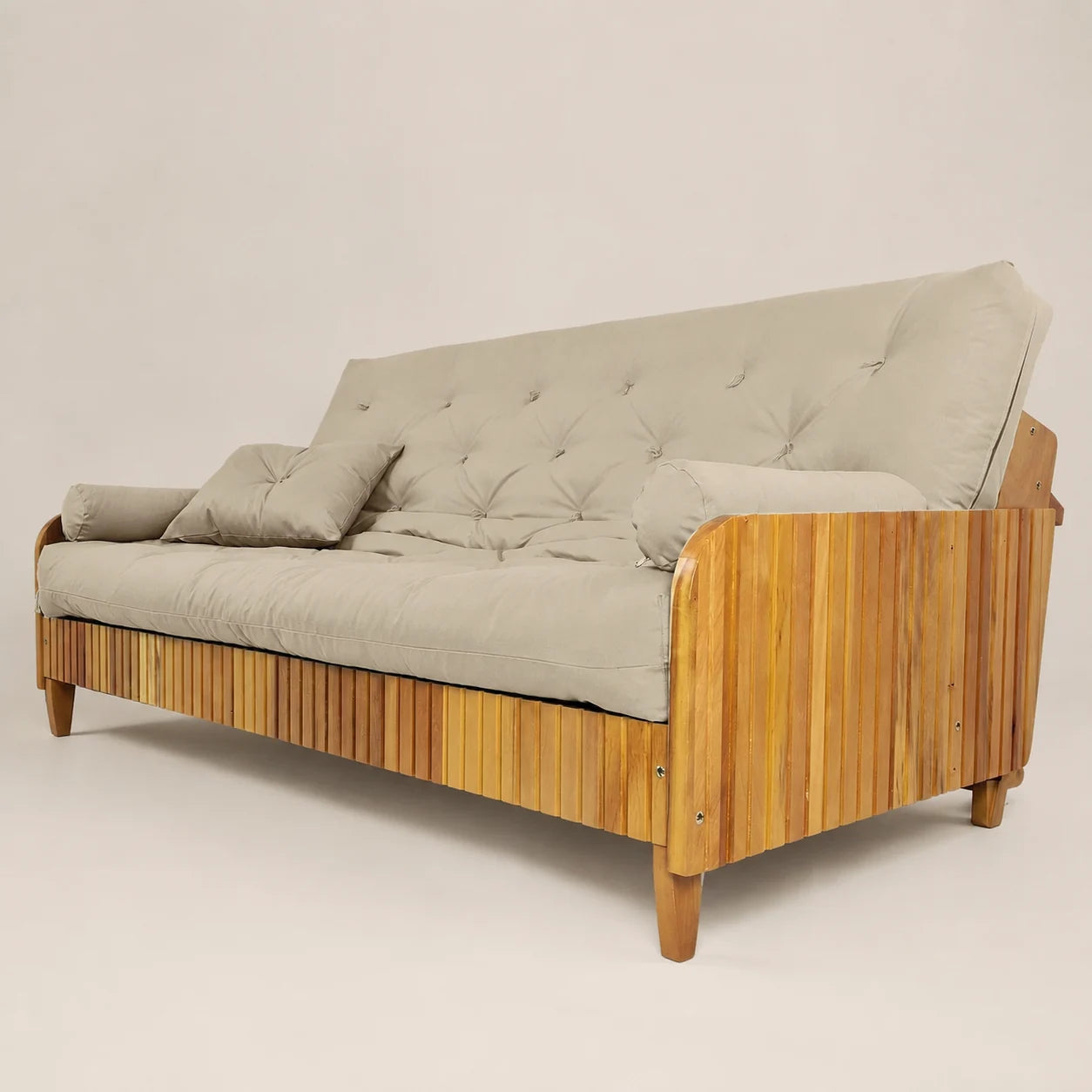 Sof� Cama Casal Futon Paris II Ripado Sarja em Madeira Maci�a Mel - Cor Bege Claro