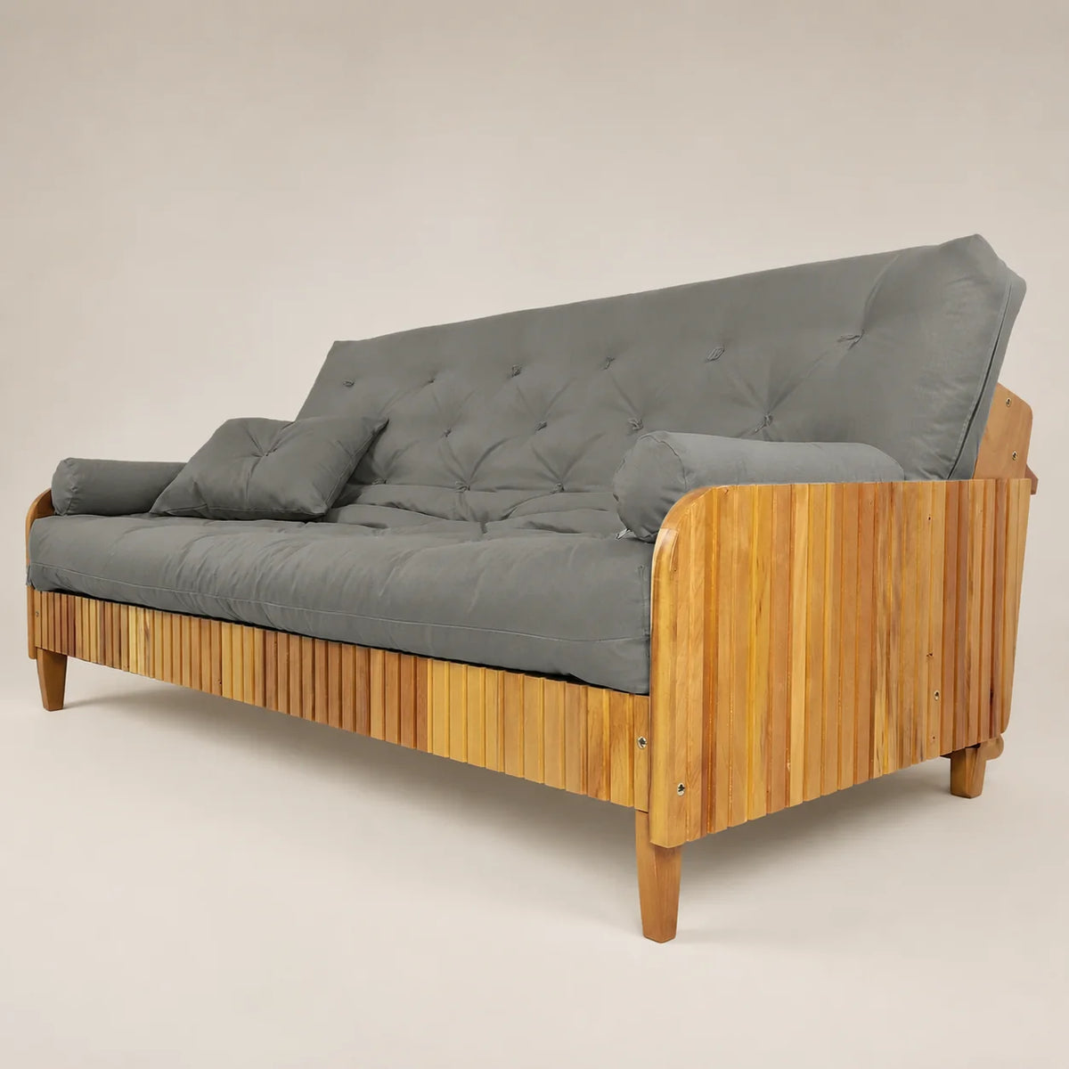 Sofá De Madeira Nobre Ripado Cor Mel Futon Paris - Tecido Sarja 100% Algodão Cinza