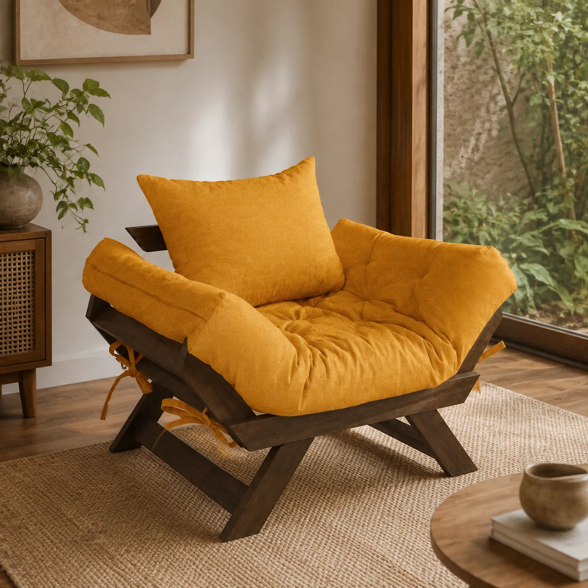 Poltrona Jap�o Acquablock Madeira Nobre Imbuia - Amarelo - ambientada