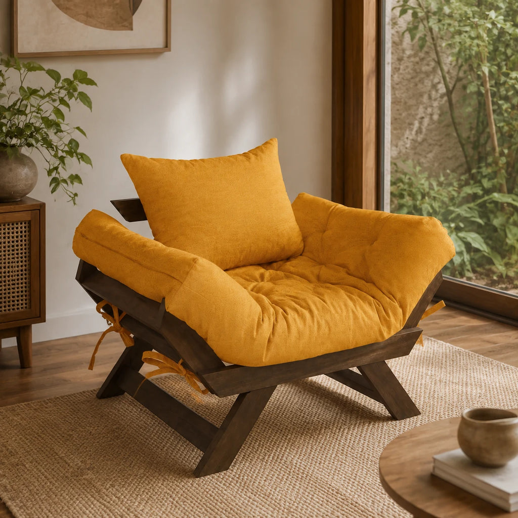 Poltrona Jap�o Acquablock Madeira Pinus Imbuia - Amarelo - ambientada