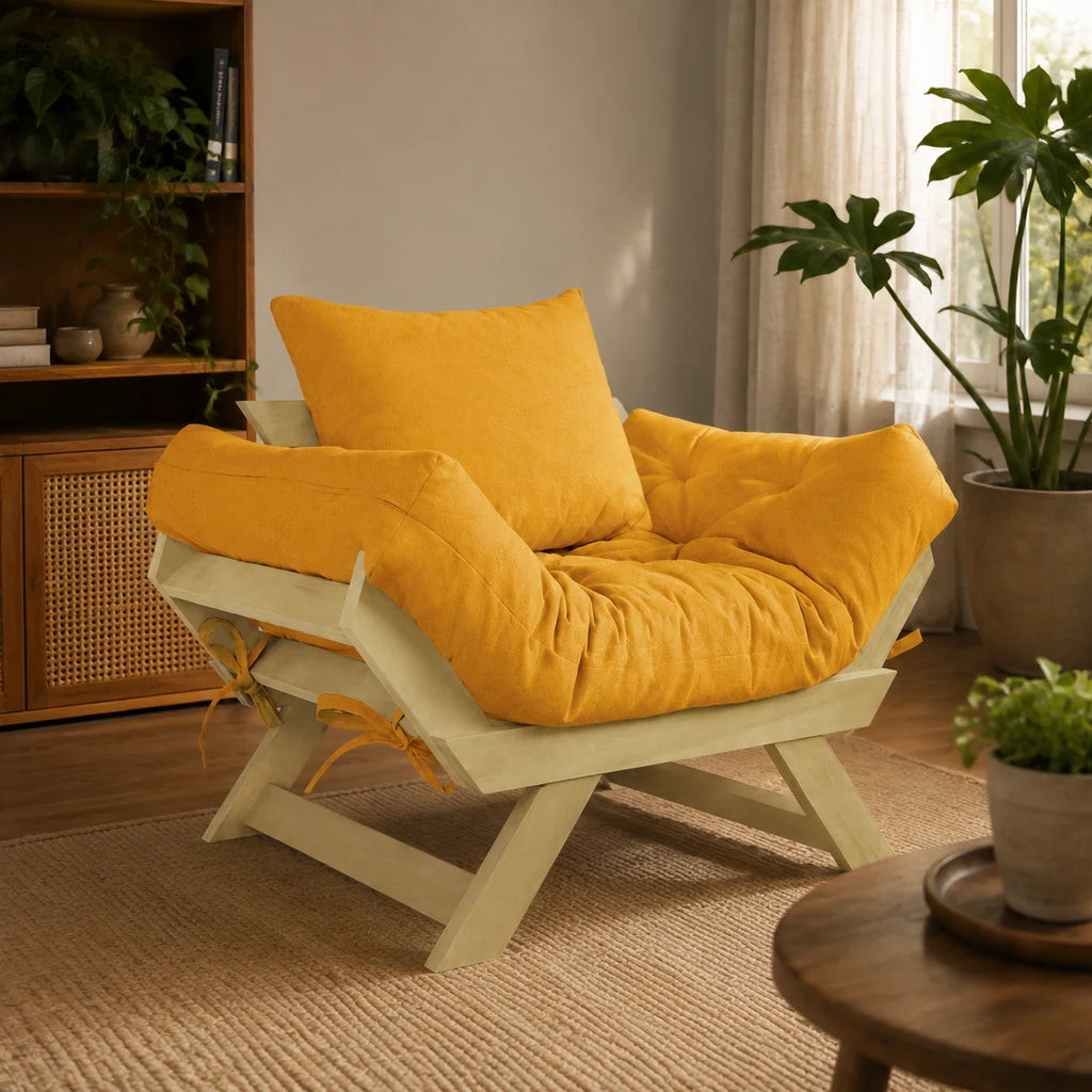 Poltrona Jap�o Acquablock Madeira Pinus Sem Pintura - Amarelo - ambientada