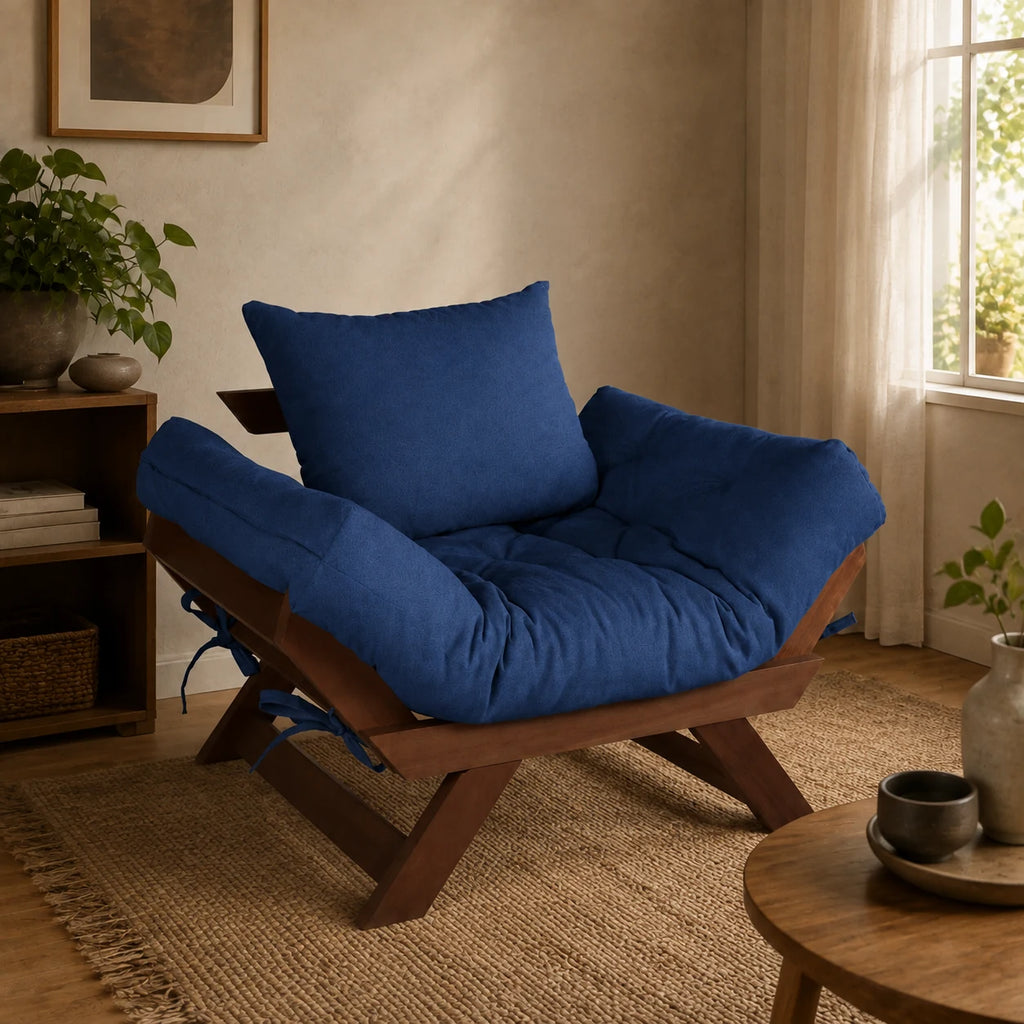Poltrona Jap�o Acquablock Madeira Pinus Imbuia- Azul Royal - ambientada