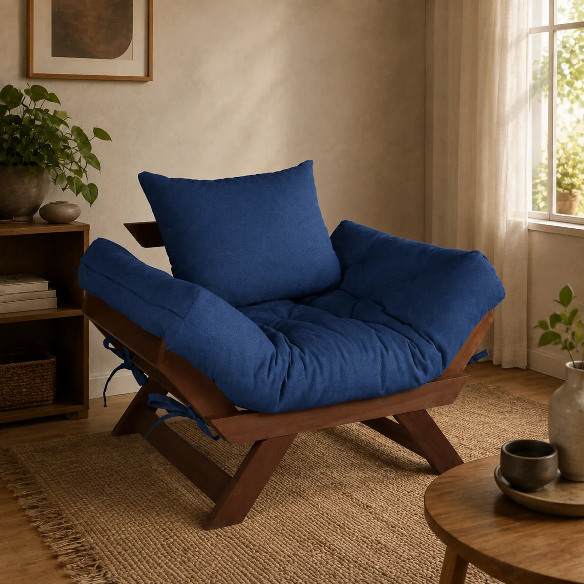 Poltrona Jap�o Acquablock Madeira Pinus Imbuia- Azul Royal - ambientada