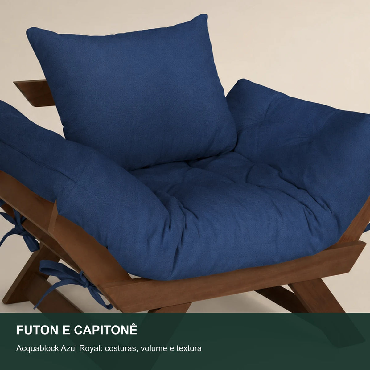 Poltrona Jap�o Acquablock Madeira Nobre Imbuia - Azul Royal - detalhe-capitone