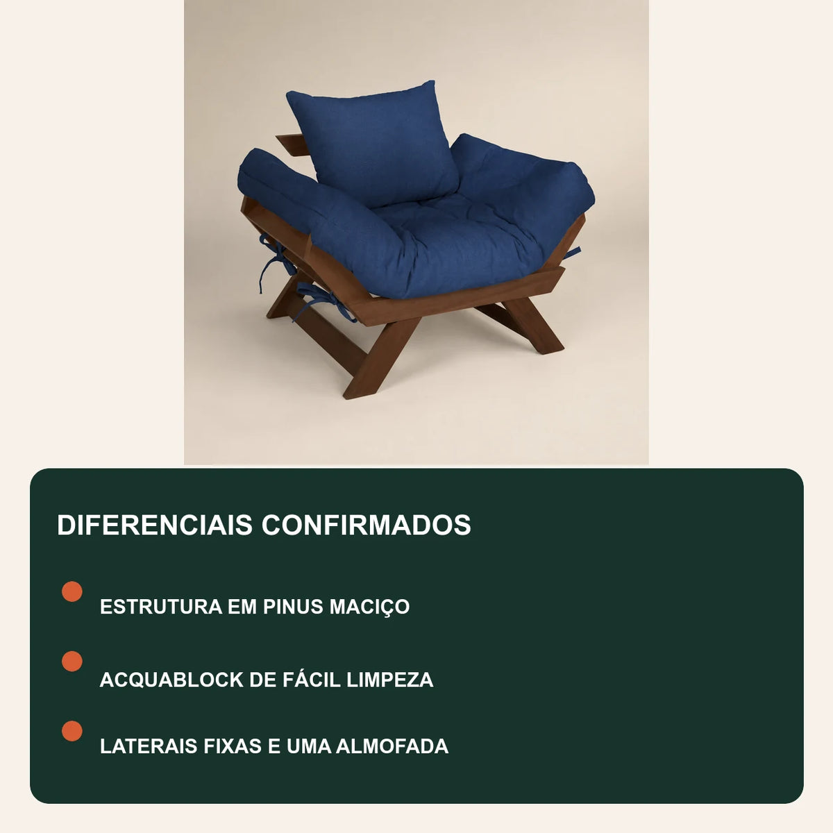 Poltrona Jap�o Acquablock Madeira Pinus Imbuia- Azul Royal - diferenciais