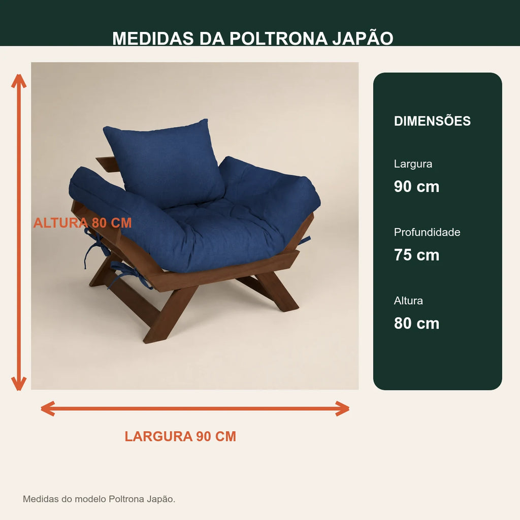 Poltrona Jap�o Acquablock Madeira Nobre Imbuia - Azul Royal - medidas