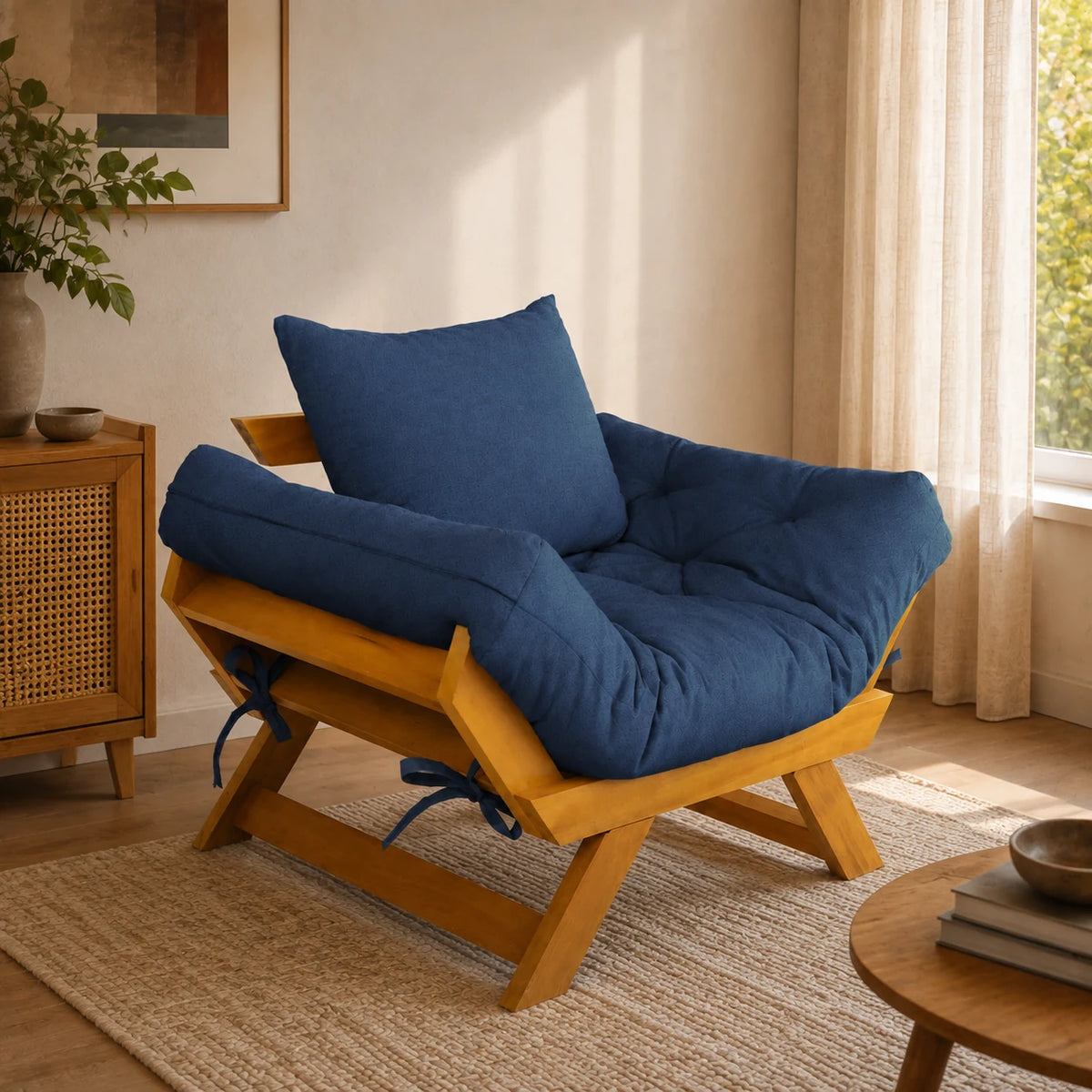 Poltrona Jap�o Acquablock Madeira Nobre Mel - Azul Royal - ambientada
