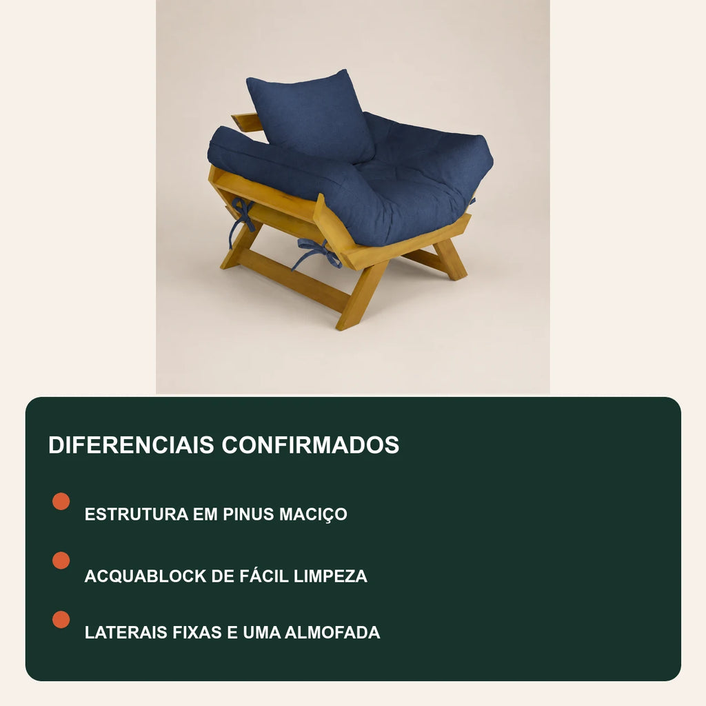 Poltrona Jap�o Acquablock Madeira Pinus Mel - Azul Royal - diferenciais