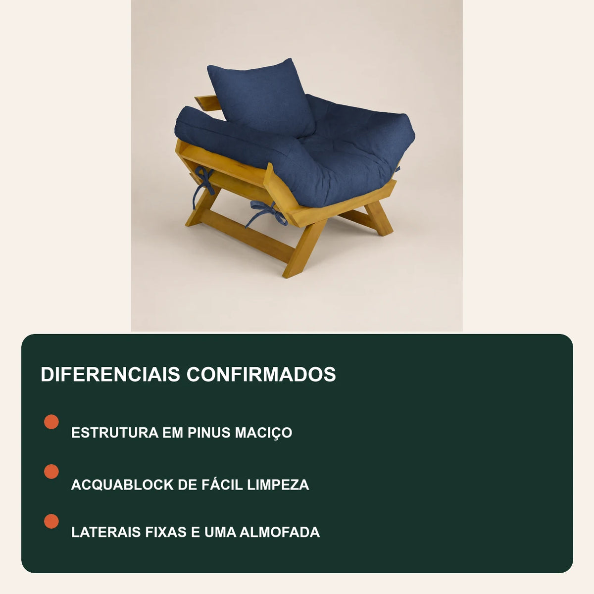 Poltrona Jap�o Acquablock Madeira Pinus Mel - Azul Royal - diferenciais