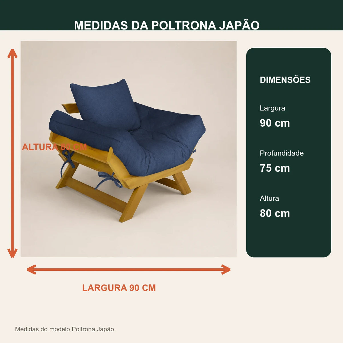 Poltrona Jap�o Acquablock Madeira Pinus Mel - Azul Royal - medidas