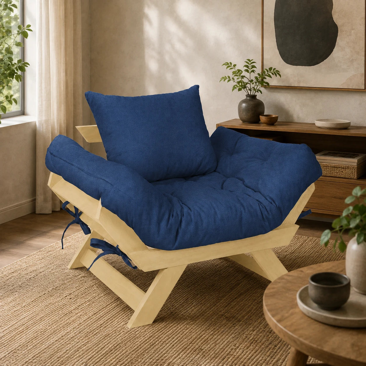 Poltrona Jap�o Acquablock Madeira Pinus Sem Pintura - Azul Royal - ambientada