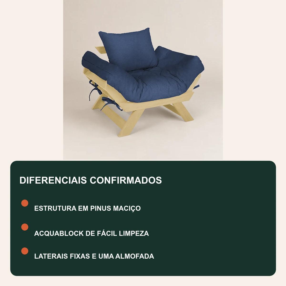 Poltrona Jap�o Acquablock Madeira Pinus Sem Pintura - Azul Royal - diferenciais