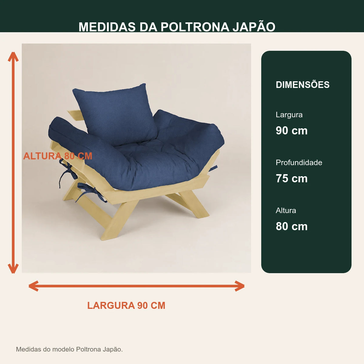 Poltrona Jap�o Acquablock Madeira Pinus Sem Pintura - Azul Royal - medidas