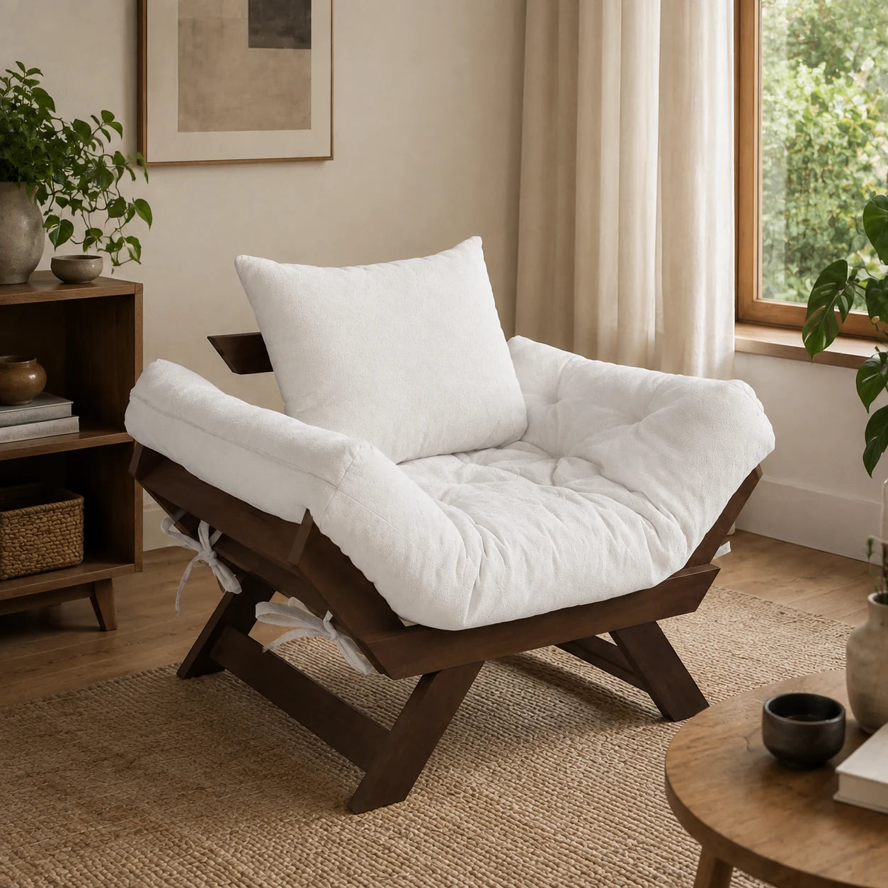 Poltrona Jap�o Acquablock Madeira Nobre Imbuia - Branco Off - ambientada