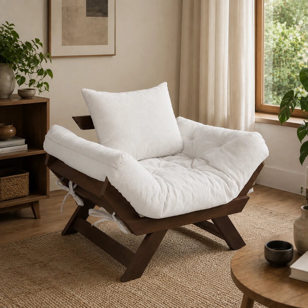 Poltrona Jap�o Acquablock Madeira Pinus Imbuia - Branco Off - ambientada