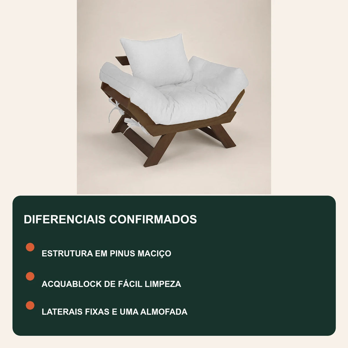 Poltrona Jap�o Acquablock Madeira Pinus Imbuia - Branco Off - diferenciais