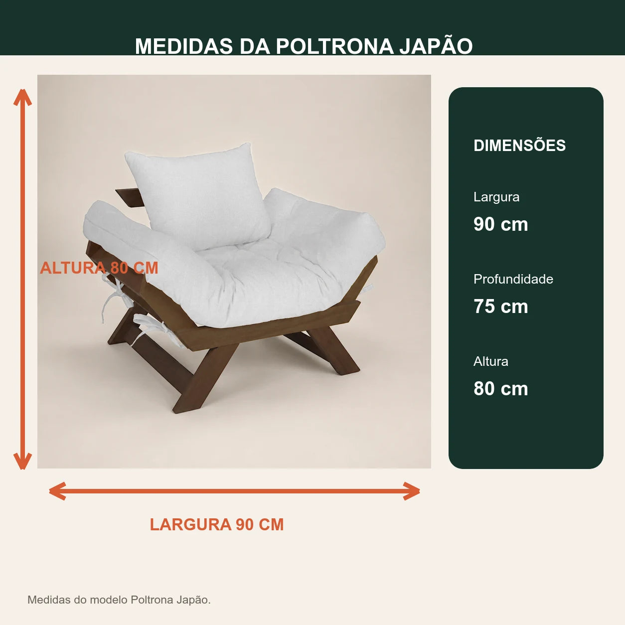 Poltrona Jap�o Acquablock Madeira Nobre Imbuia - Branco Off - medidas