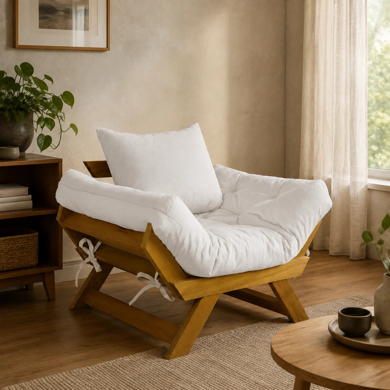 Poltrona Jap�o Acquablock Madeira Pinus Mel - Branco Off - ambientada
