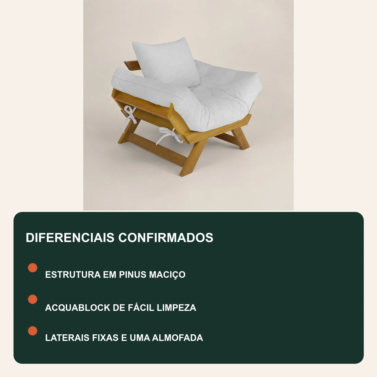 Poltrona Jap�o Acquablock Madeira Nobre Mel - Branco Off - diferenciais