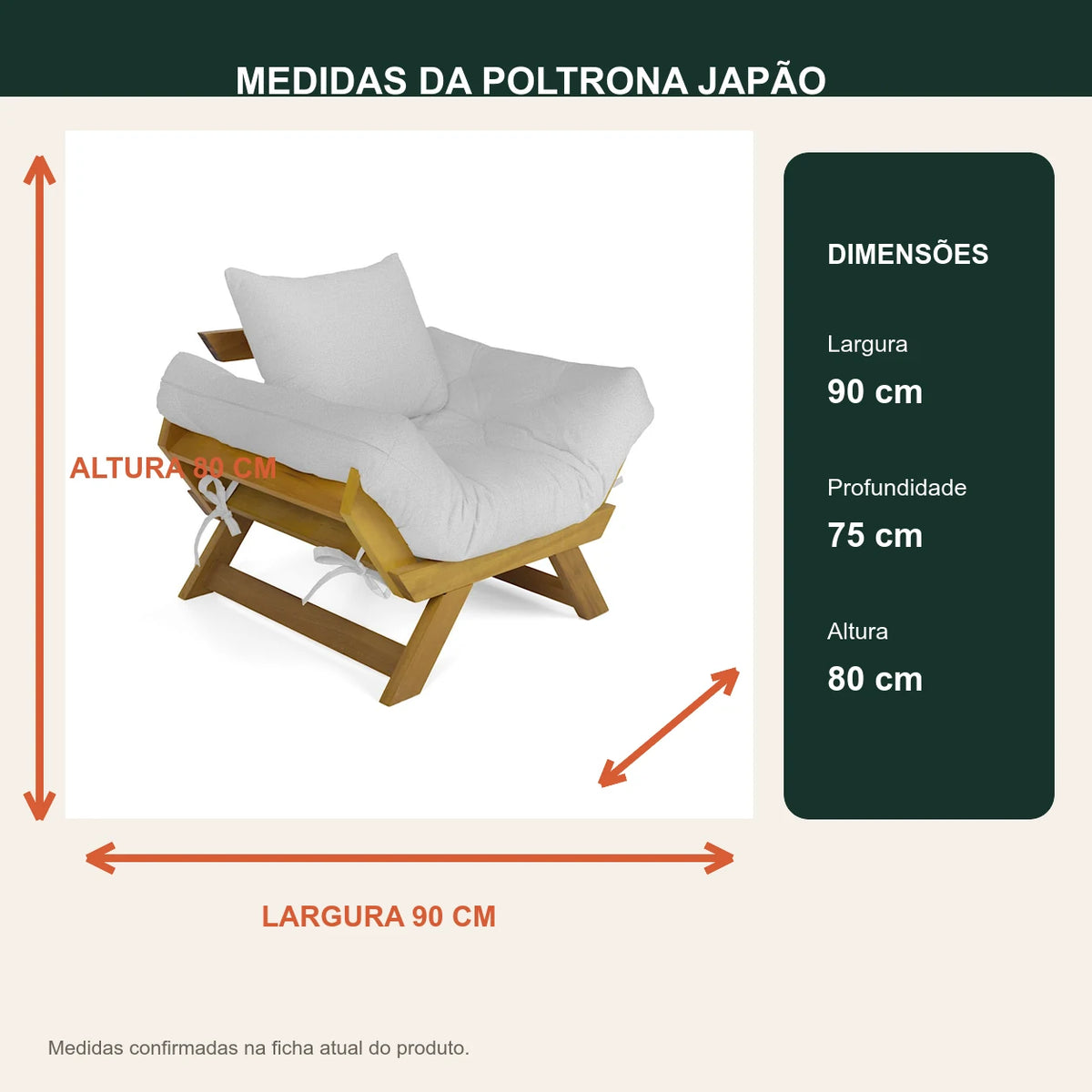 Poltrona Jap�o Acquablock Madeira Nobre Mel - Branco Off - medidas