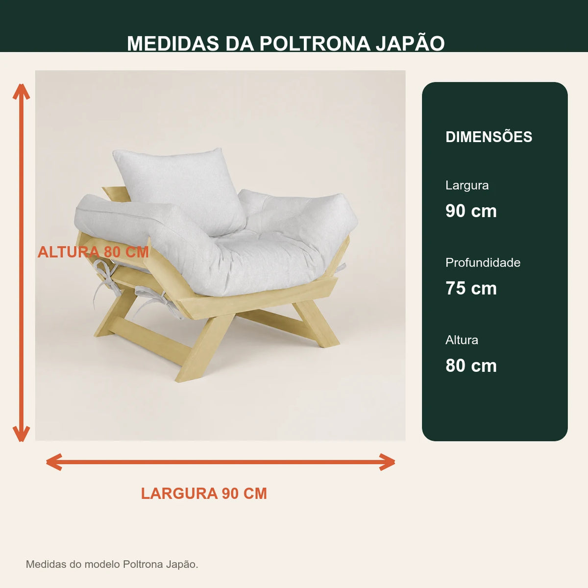 Poltrona Jap�o Acquablock Madeira Pinus Sem Pintura - Branco Off - medidas