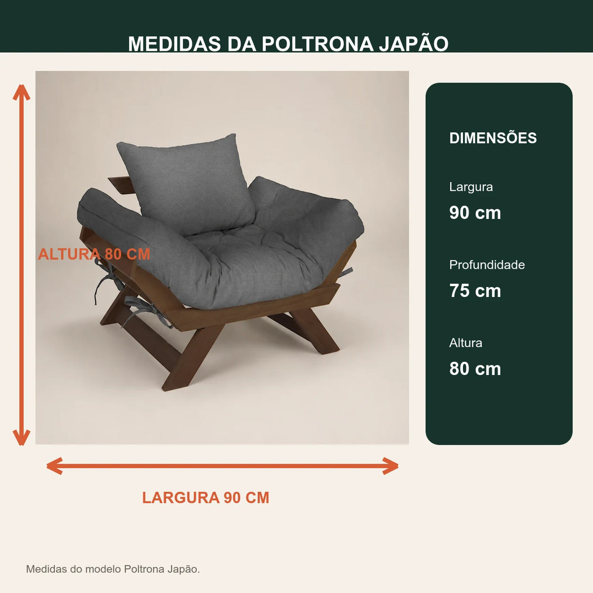 Poltrona Jap�o Acquablock Madeira Nobre Imbuia - Chumbo - medidas