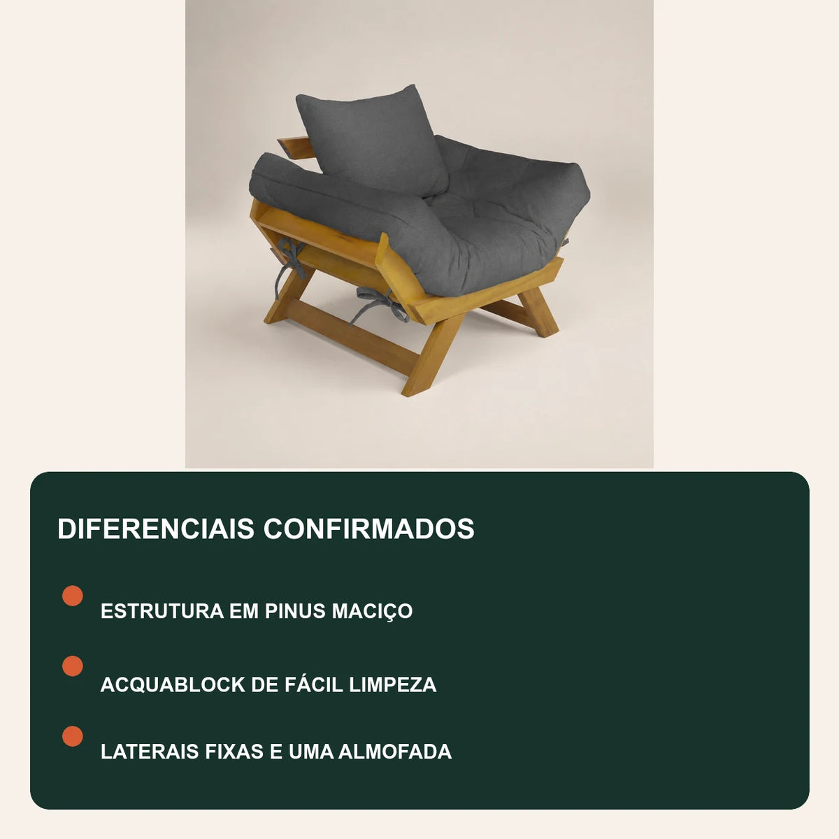 Poltrona Jap�o Acquablock Madeira Pinus Mel - Chumbo - diferenciais