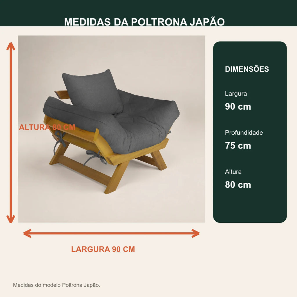 Poltrona Jap�o Acquablock Madeira Pinus Mel - Chumbo - medidas