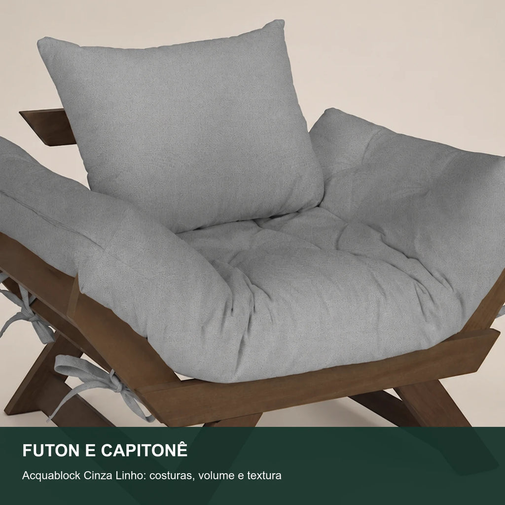 Poltrona Jap�o Acquablock Madeira Pinus Imbuia - Cinza Linho - detalhe-capitone