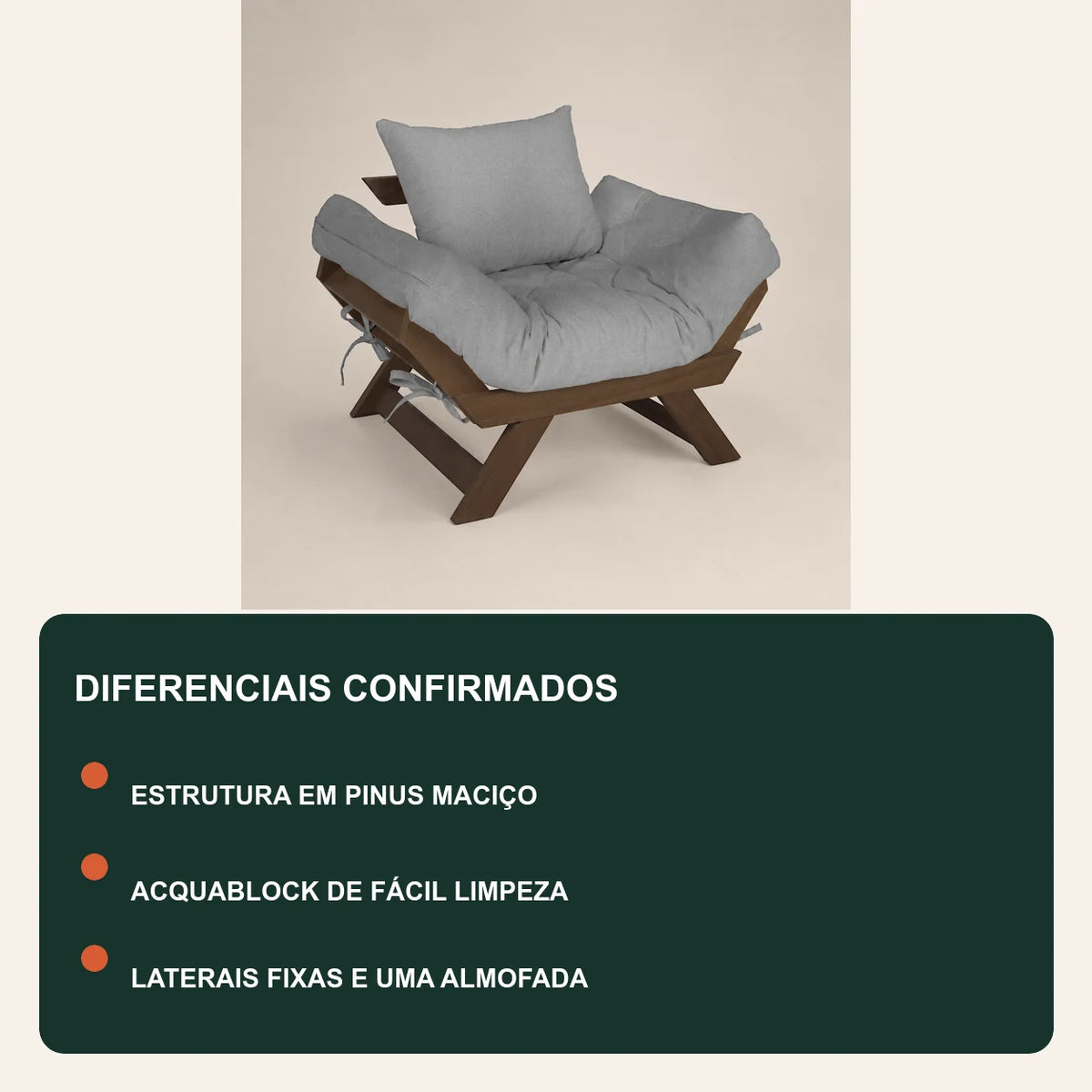 Poltrona Jap�o Acquablock Madeira Pinus Imbuia - Cinza Linho - diferenciais