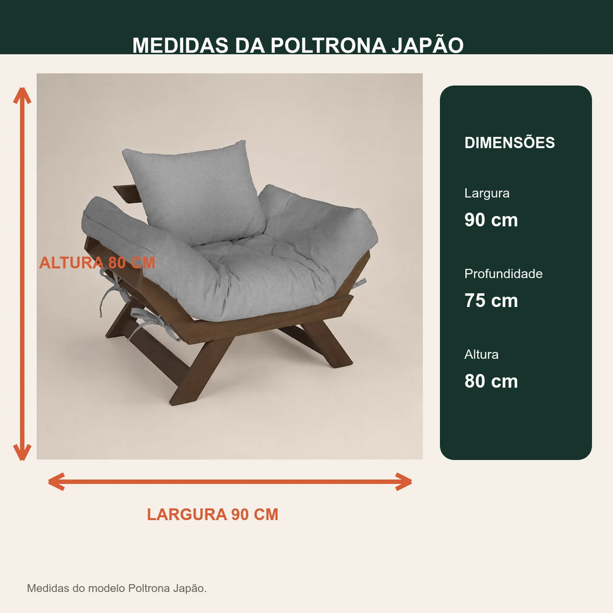 Poltrona Jap�o Acquablock Madeira Pinus Imbuia - Cinza Linho - medidas