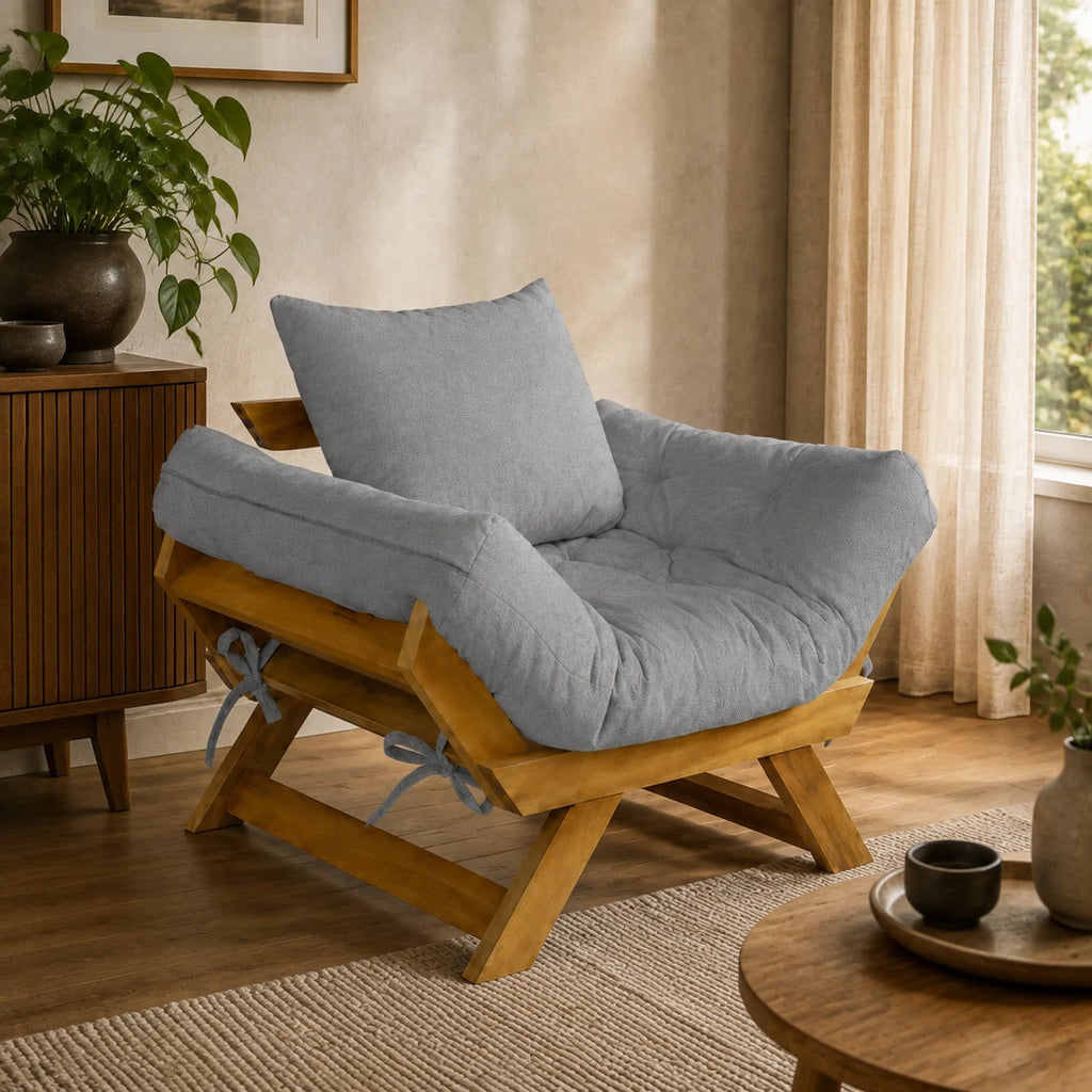Poltrona Jap�o Acquablock Madeira Nobre Mel - Cinza Linho - ambientada