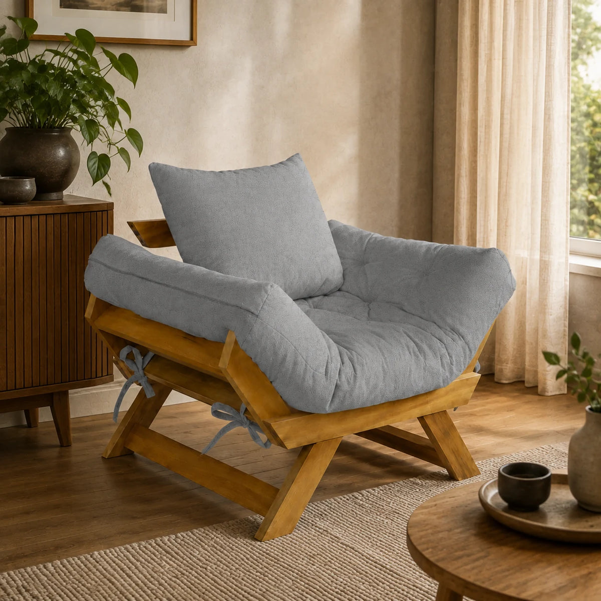 Poltrona Jap�o Acquablock Madeira Nobre Mel - Cinza Linho - ambientada