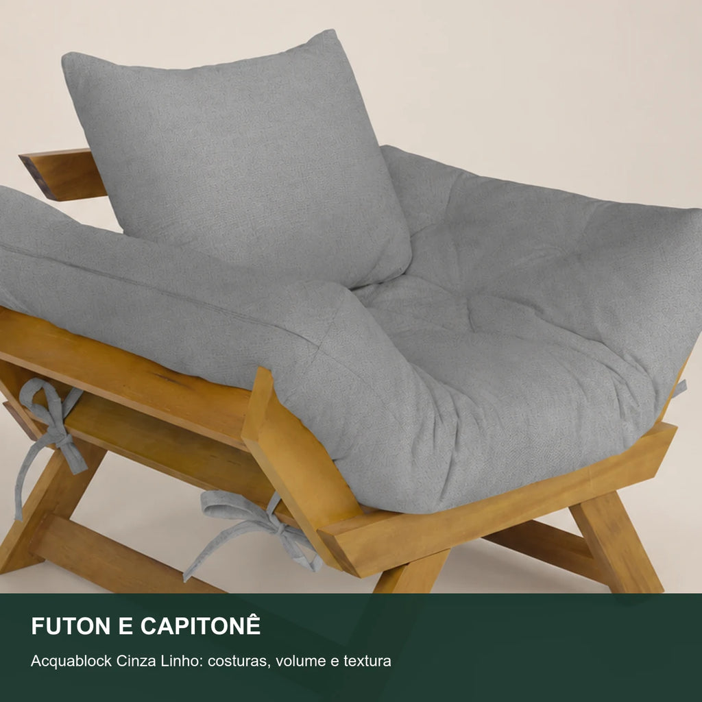 Poltrona Jap�o Acquablock Madeira Nobre Mel - Cinza Linho - detalhe-capitone