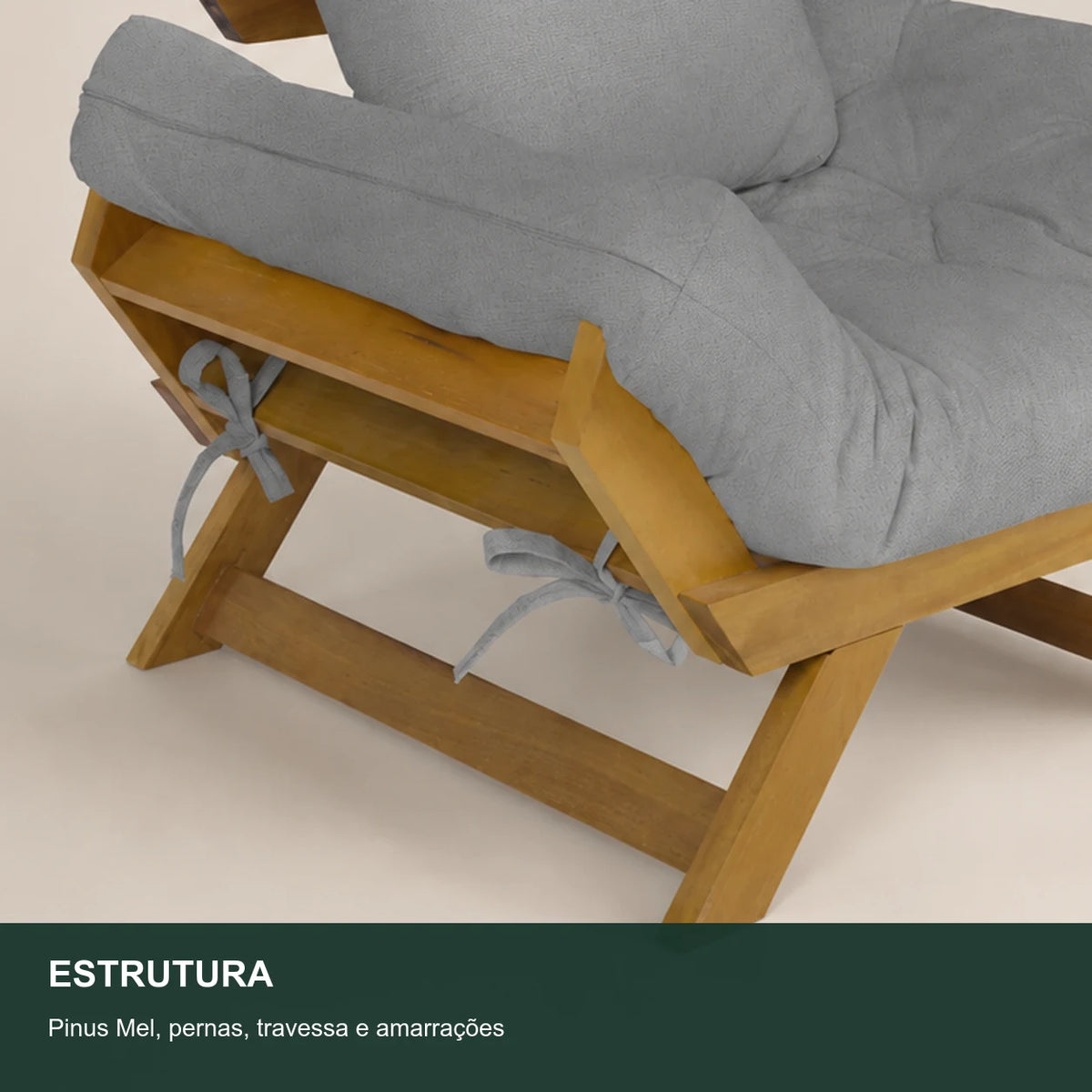 Poltrona Jap�o Acquablock Madeira Nobre Mel - Cinza Linho - detalhe-estrutura