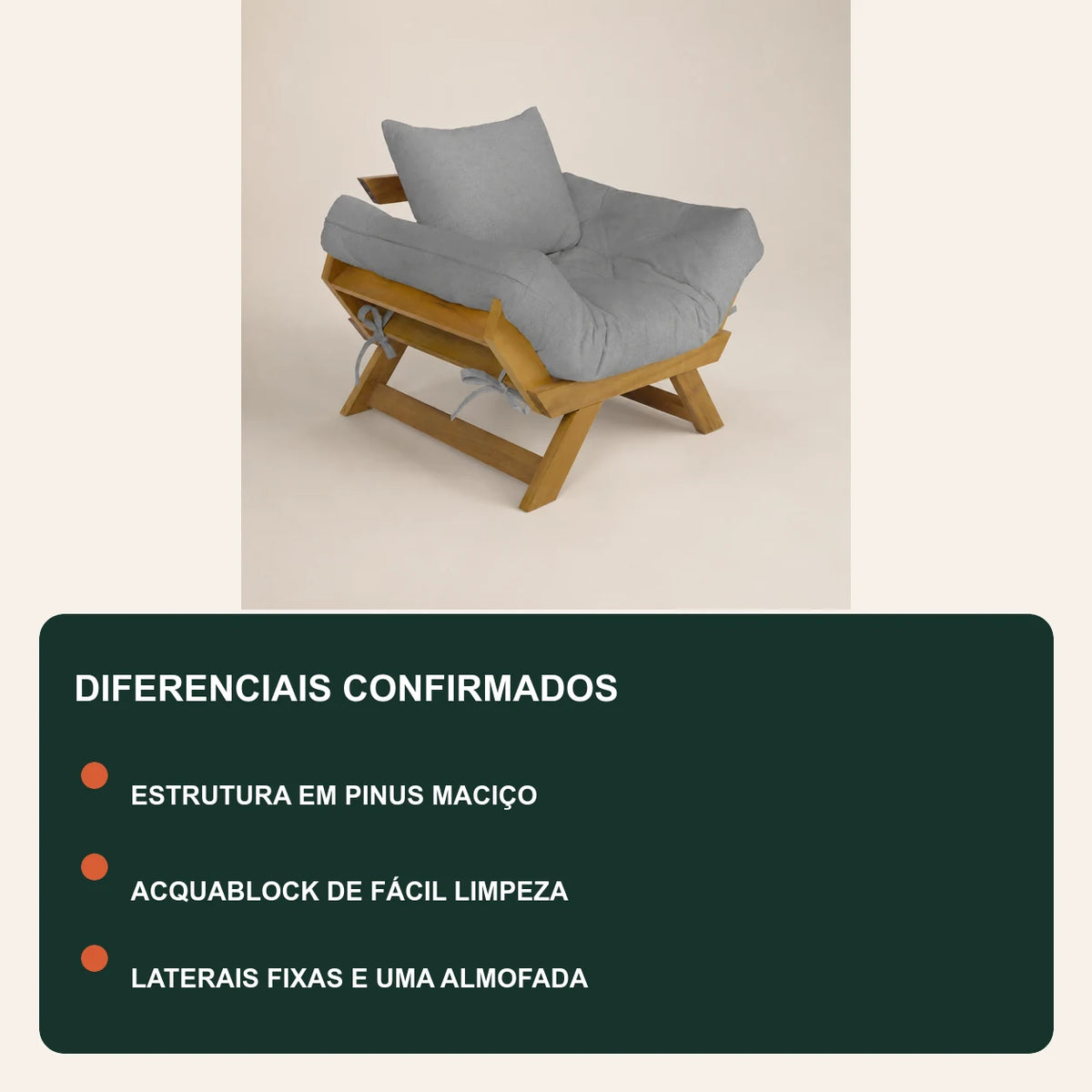 Poltrona Jap�o Acquablock Madeira Nobre Mel - Cinza Linho - diferenciais